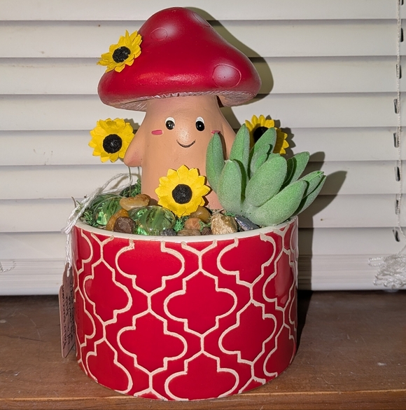 Other - Red Mushroom Pal In Red Planter with Faux Succulent and Sunflowers